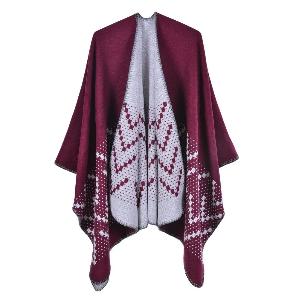 Autumn Winter Geometric Pattern Knitted Shawl Women's cloak Warm Scarf Fashion Street Poncho Lady Capes Gray Cloaks
