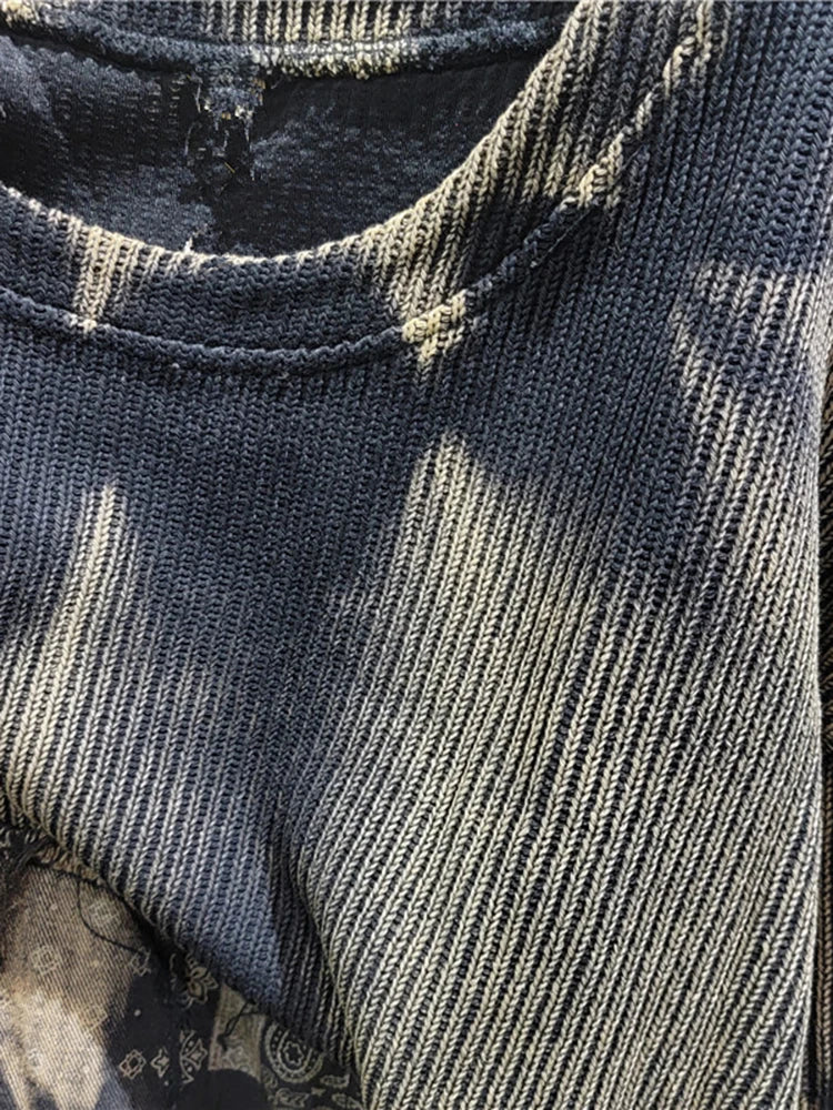 DEAT Women Pullover Knitted Distressed Tie-dye Printed Black Vintage Tassel Long Sleeve Sweater Autumn 2024 New Fashion 11A0969