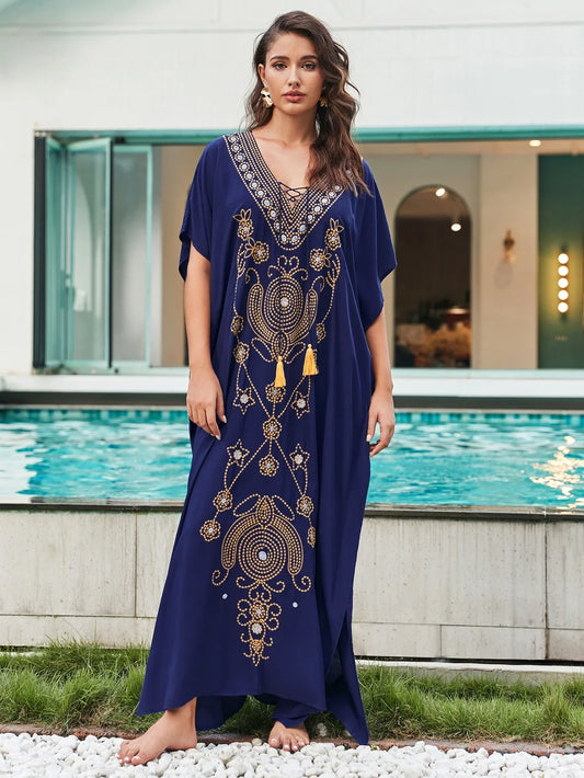 Deep V Neck Embroidery Printed Plus Size Kaftn