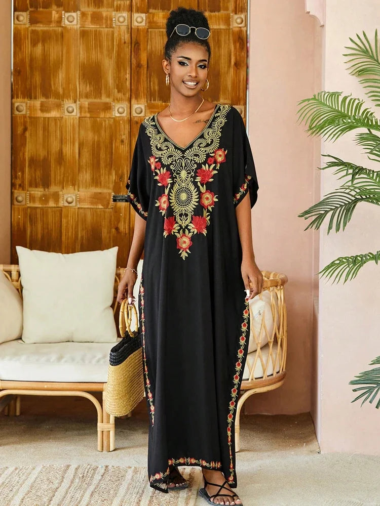 EDOLYNSA Women Embroidered Kaftan Dress Plus Size Caftan Loungewear Long Bathing Suit Coverup Tunic Beach Wear Vacation Outfit