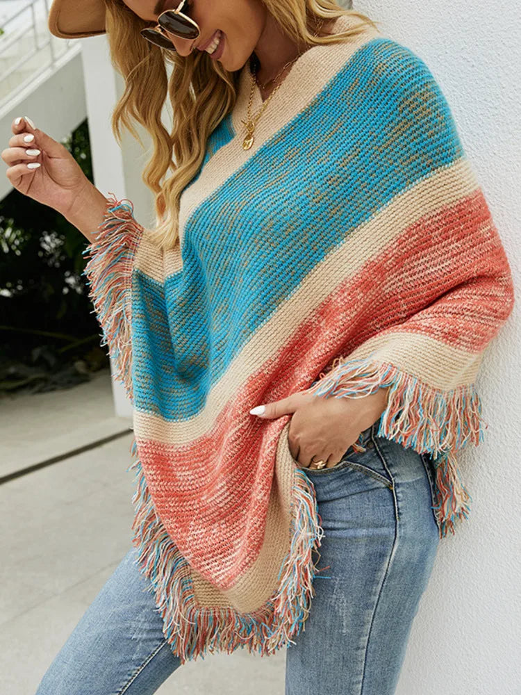 Autumn Winter Batwing Sleeve Rainbow Striped Poncho