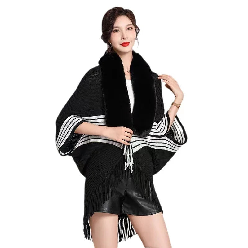 2024 Faux Fur Neck Winter Loose Cardigan Cape Sweater Striped Tassel Poncho Cloak Women Knitted Batwing Sleeves Long  Knitwear