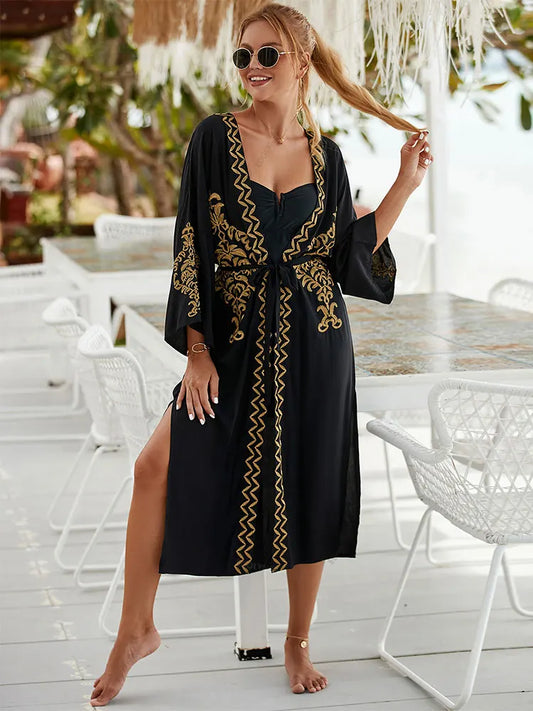Black Vintage Golden Embroidered Long Kimono
