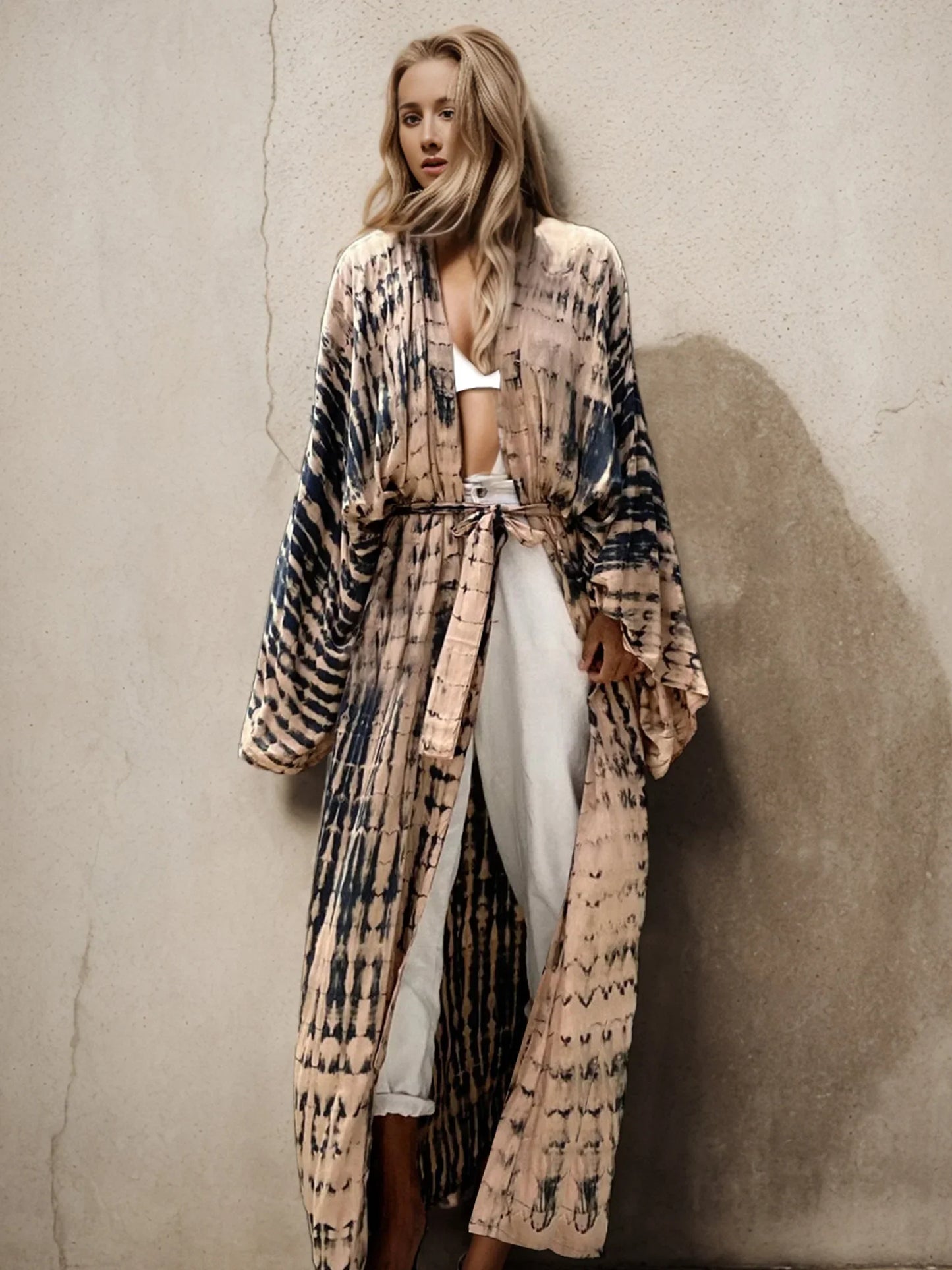 Bohemian Tie dye Striped Long Kimono Dress