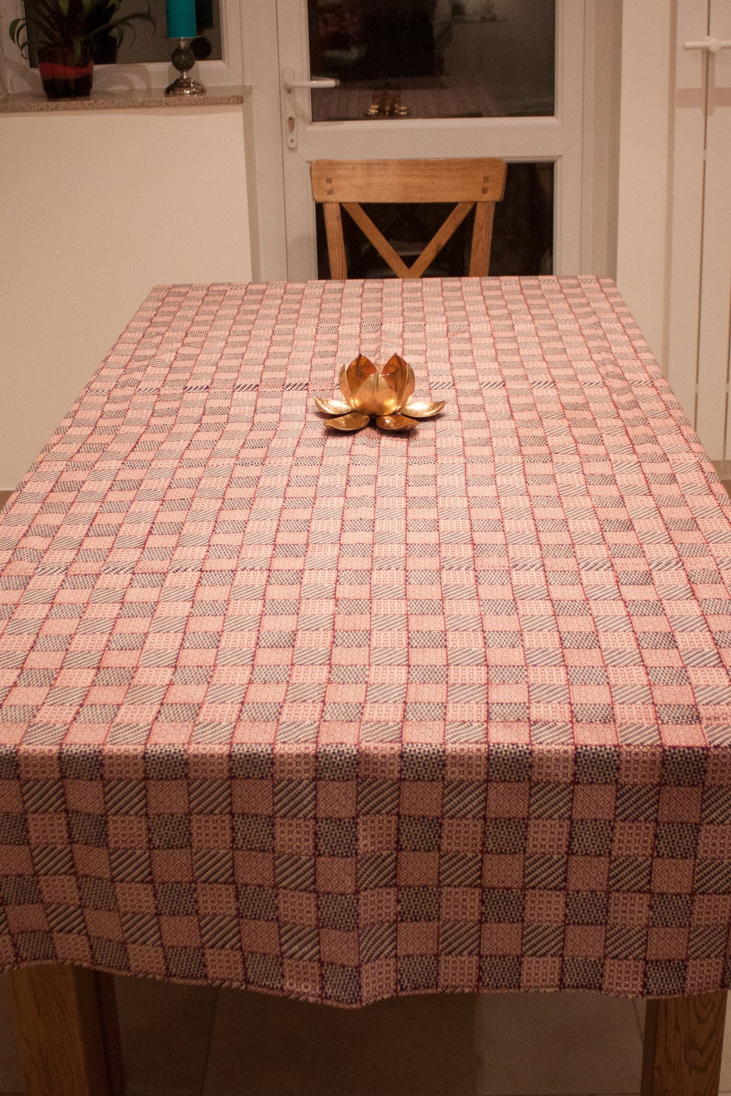 All Over Checks Mix Hand-block Print Table Cloth - White Red