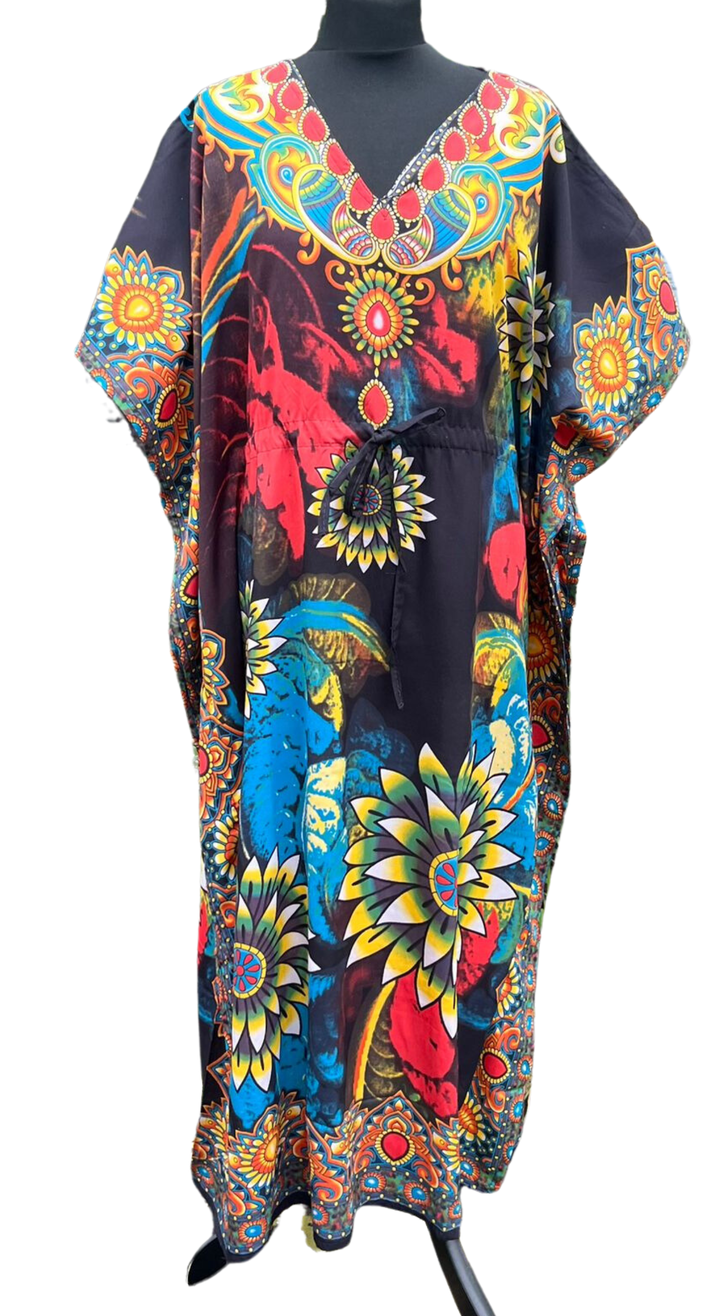Drawstring sunflower kaftan, multicoloured with red jeweled neckline/2 colours - Kaftans direct
