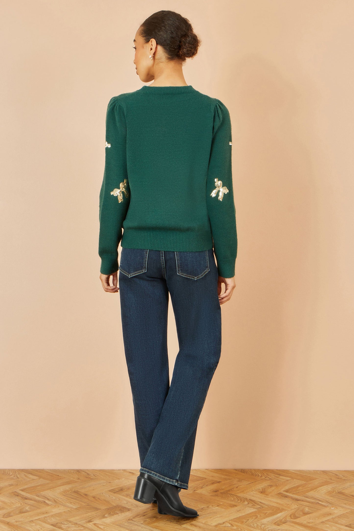 Yumi Green Sequin All Over Applique Bow Knitted Jumper