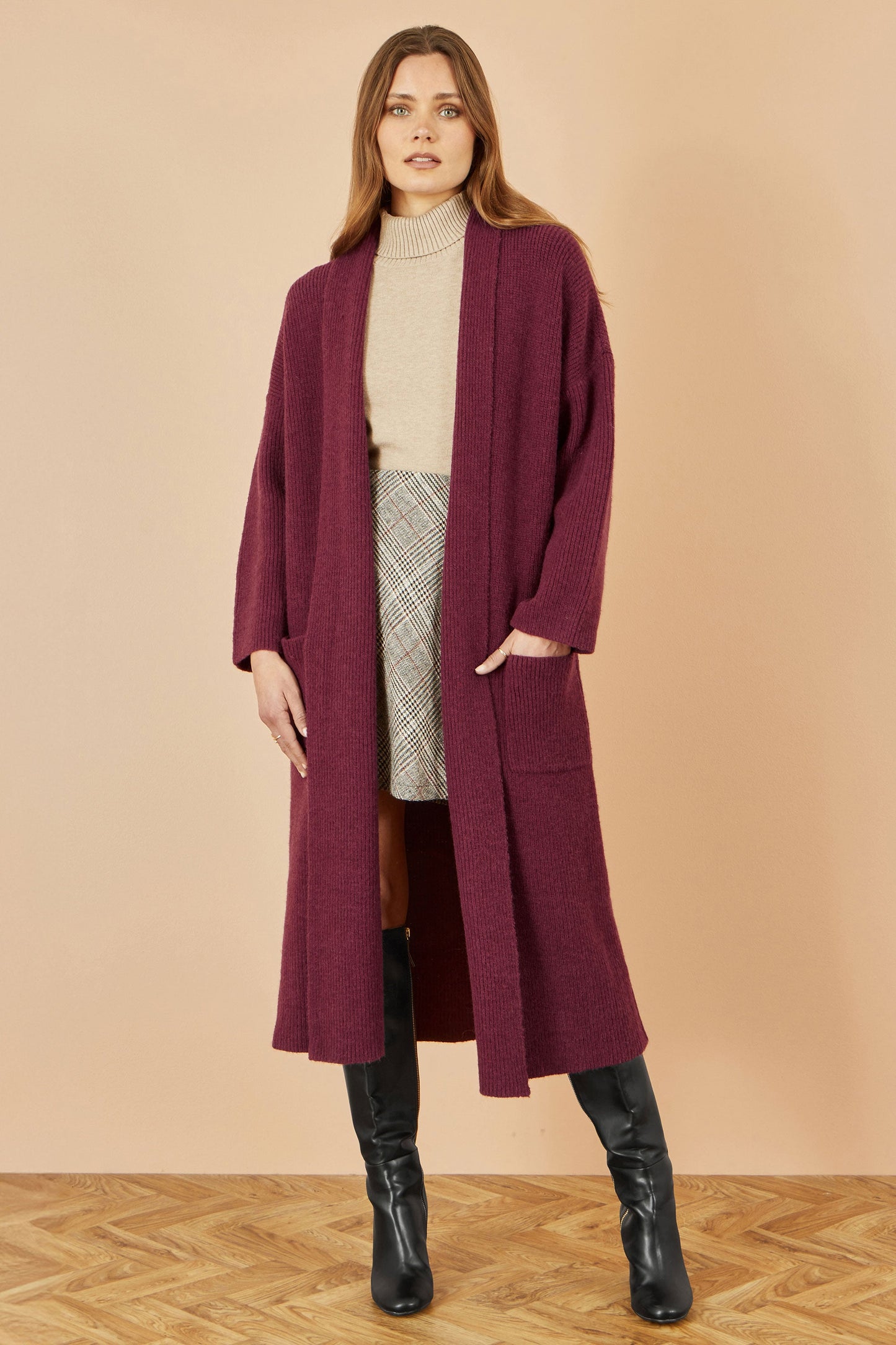 Yumi Burgundy Knitted Maxi Cardigan With Pockets