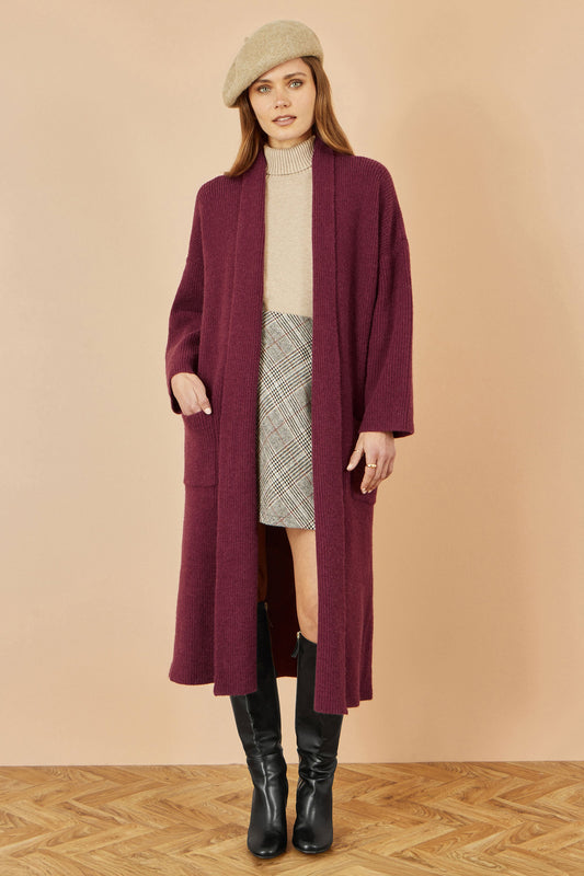 Yumi Burgundy Knitted Maxi Cardigan With Pockets