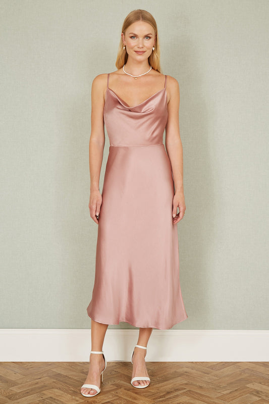 Yumi Rose Pink Satin Cowl Neck Midi Slip Dress