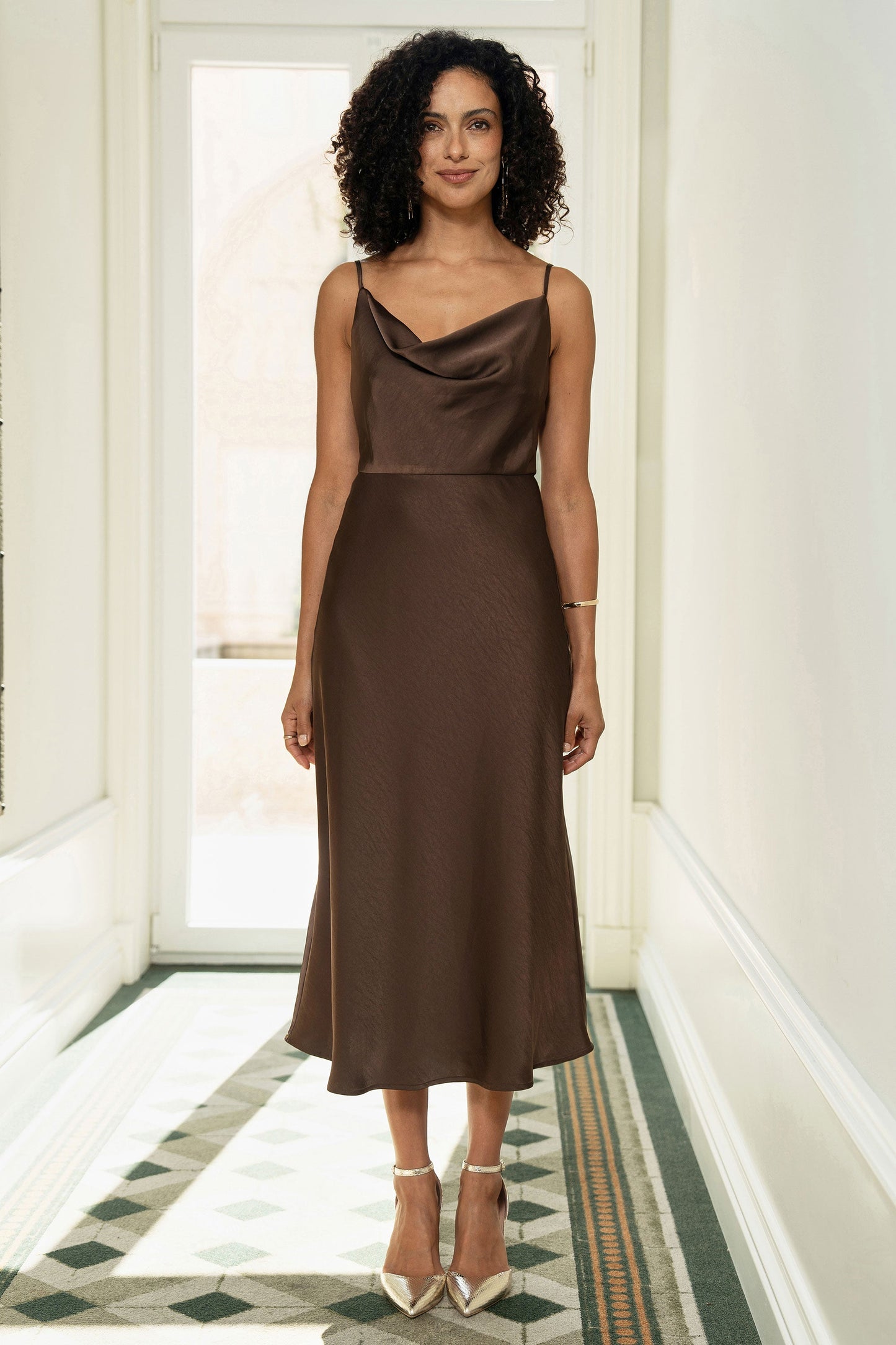 Yumi Brown Satin Cowl Neck Midi Slip Dress