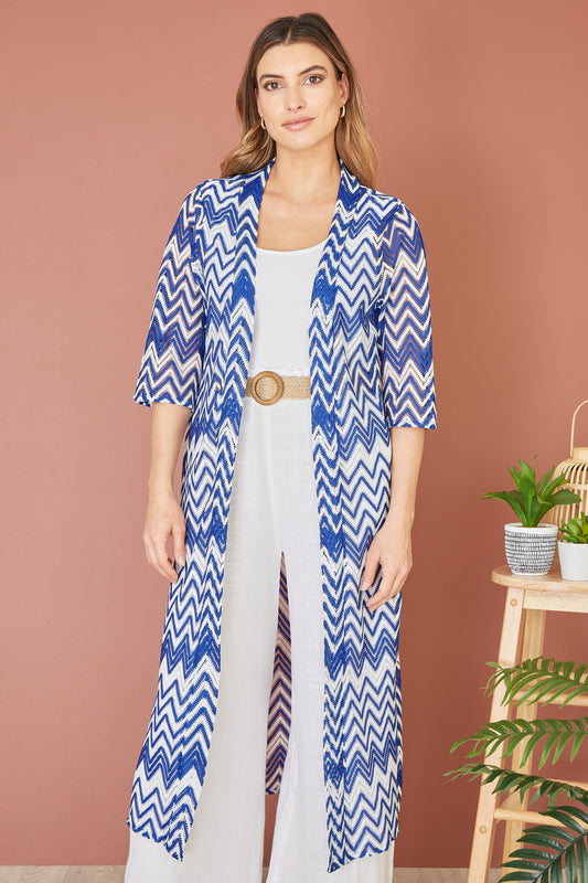 Yumi Blue Zig Zag Crochet Long Knitted Kimono