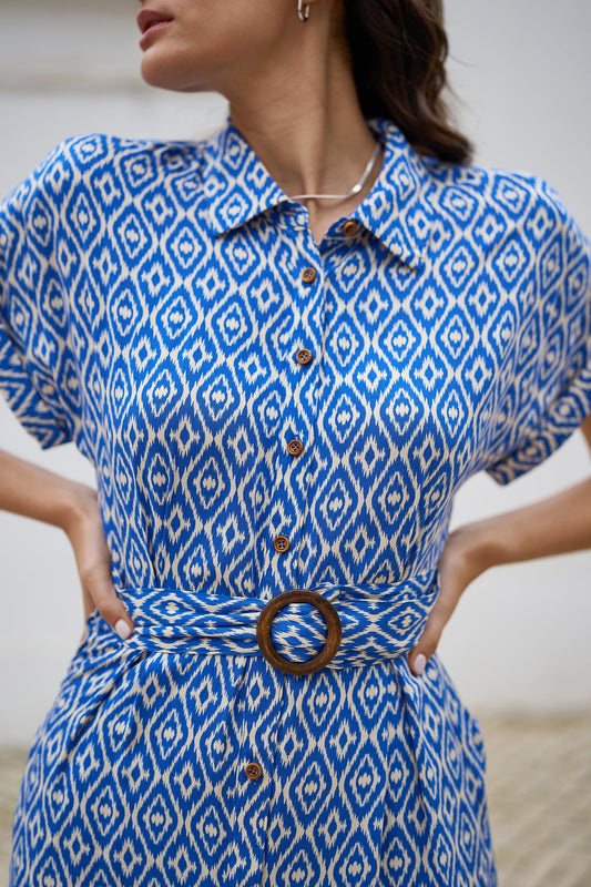 Yumi Blue Viscose Midi Shirt Dress With Matching Belt