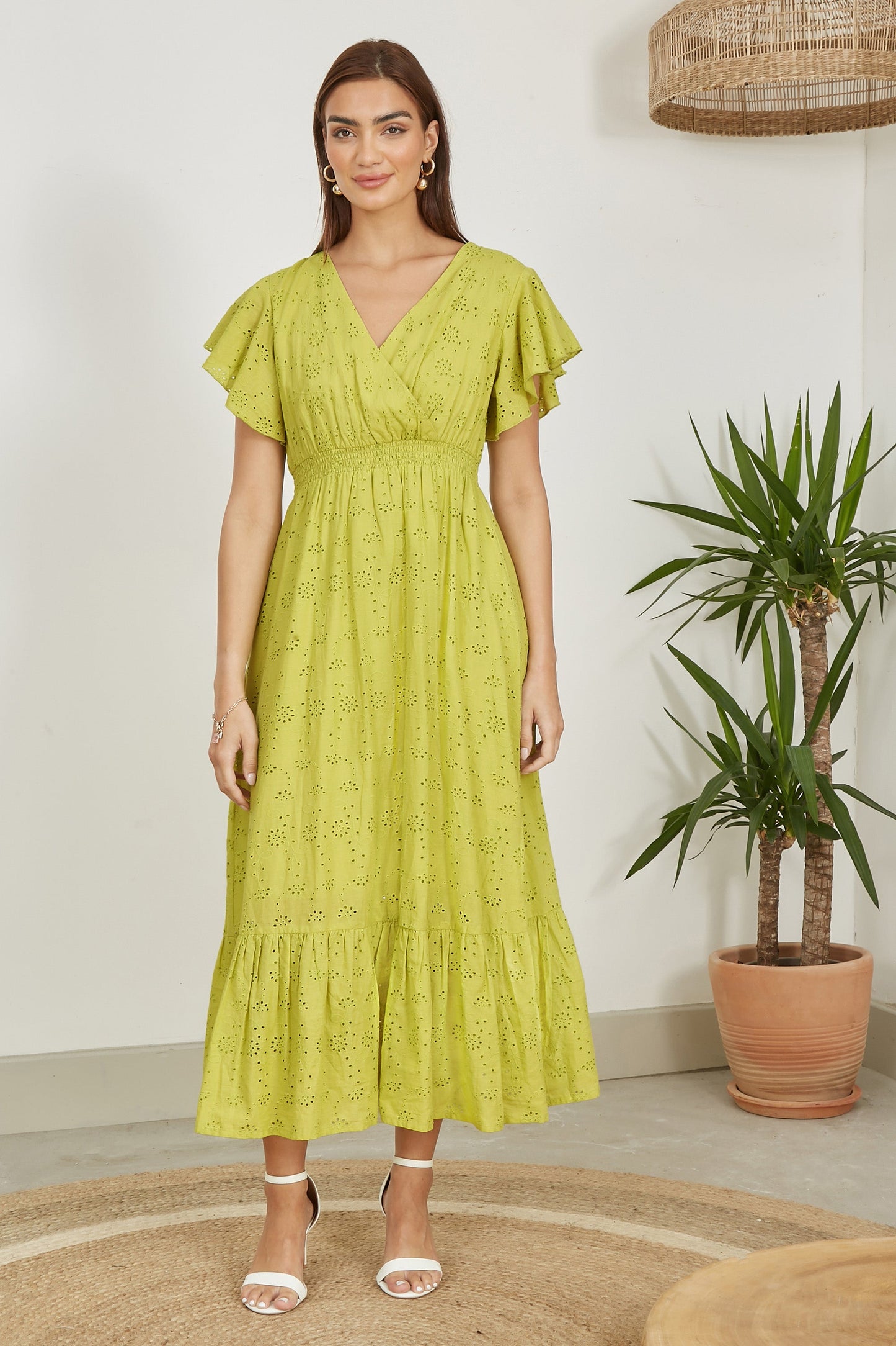 Yumi Lime Cotton Broderie Anglaise Wrap Midi Dress