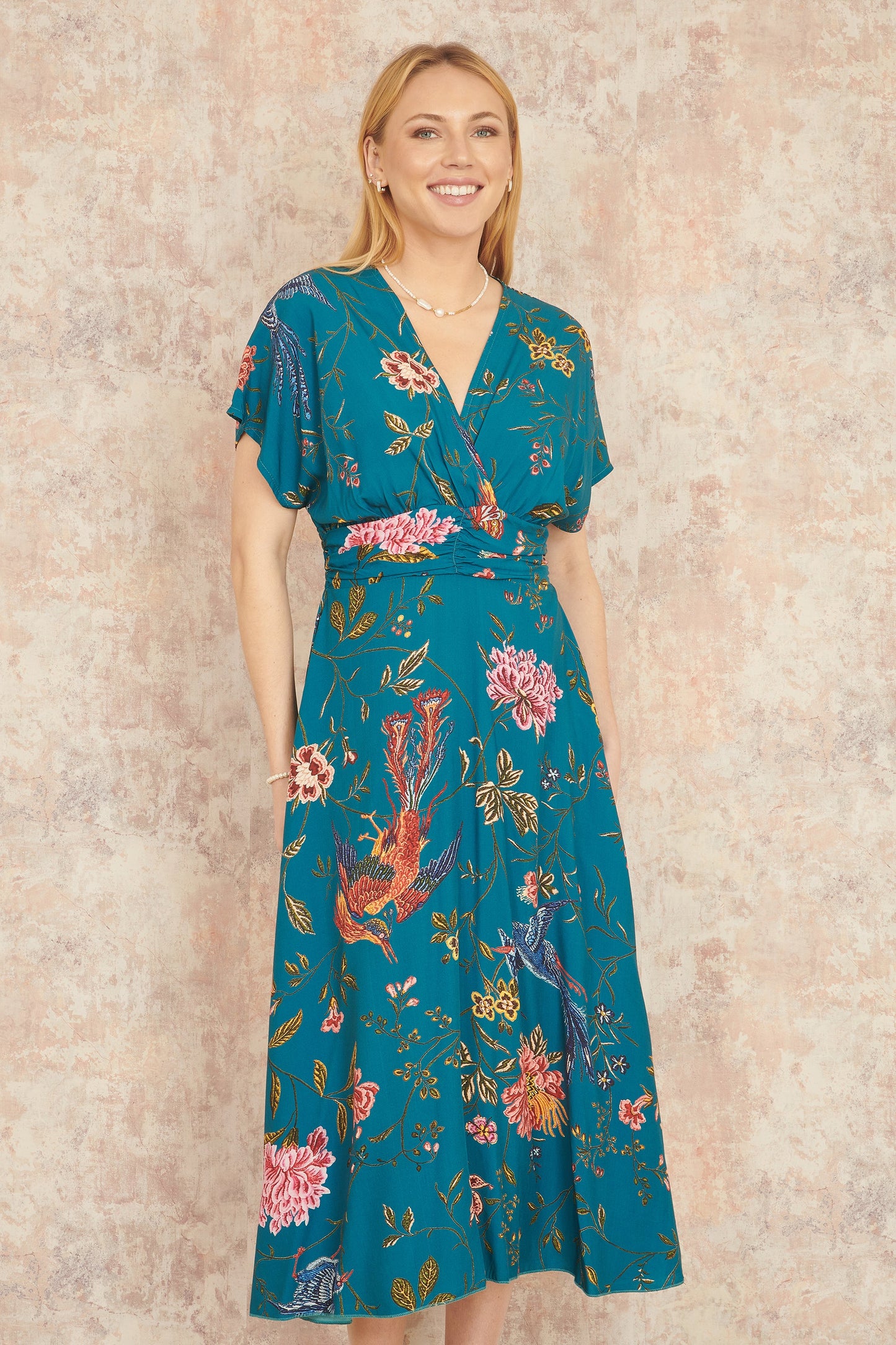 Yumi Teal Bird and Floral Print Ruched Waist Kimono Midi Dress