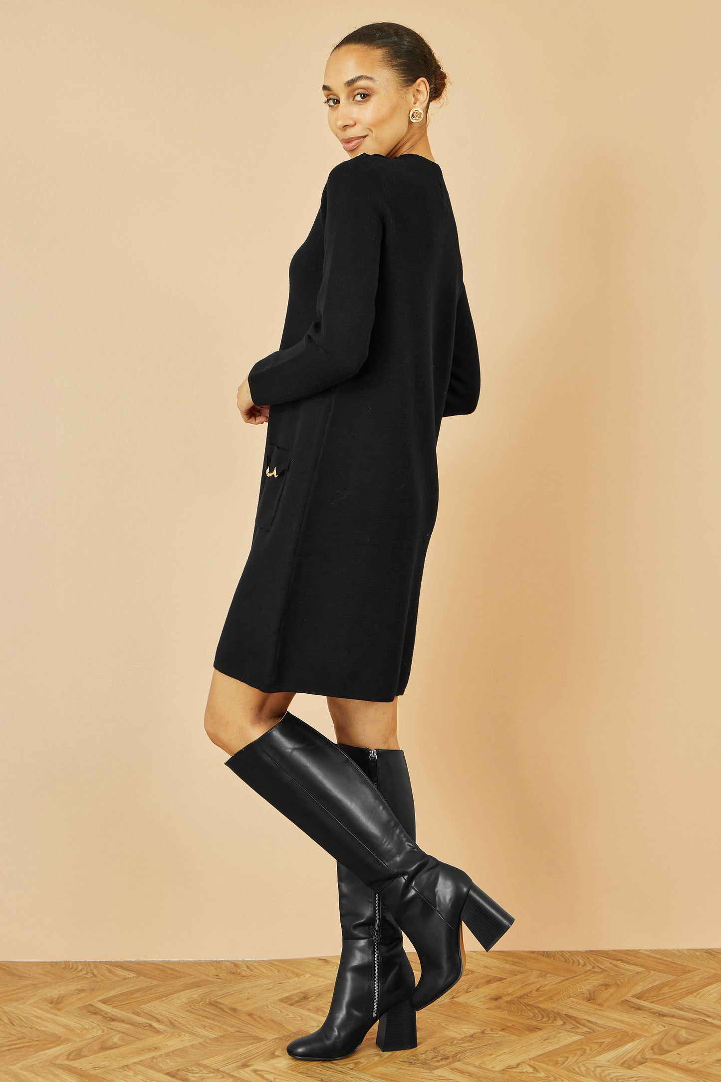 Yumi Black Knitted Tunic Dress With Gold Hardware Details