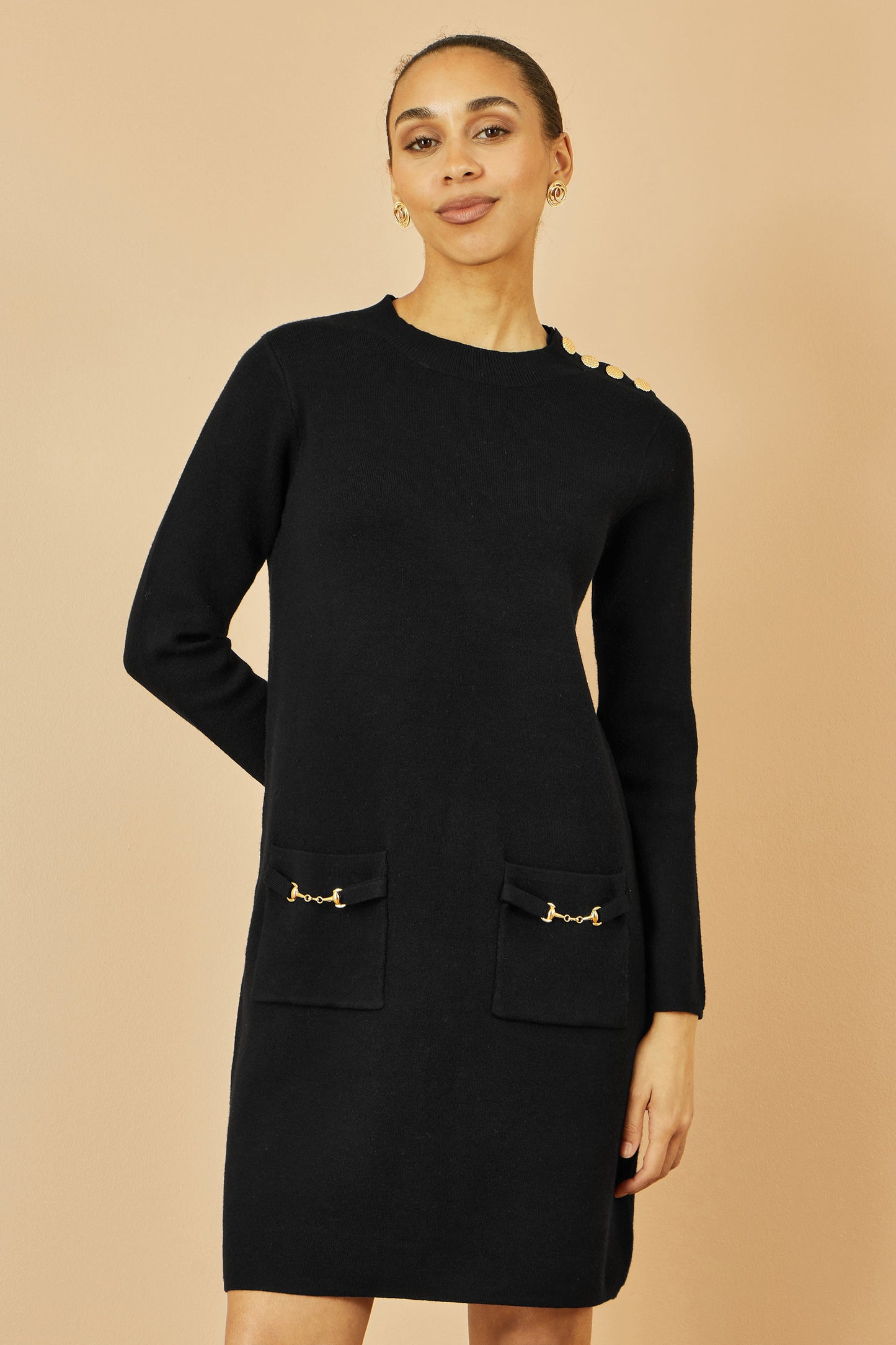 Yumi Black Knitted Tunic Dress With Gold Hardware Details