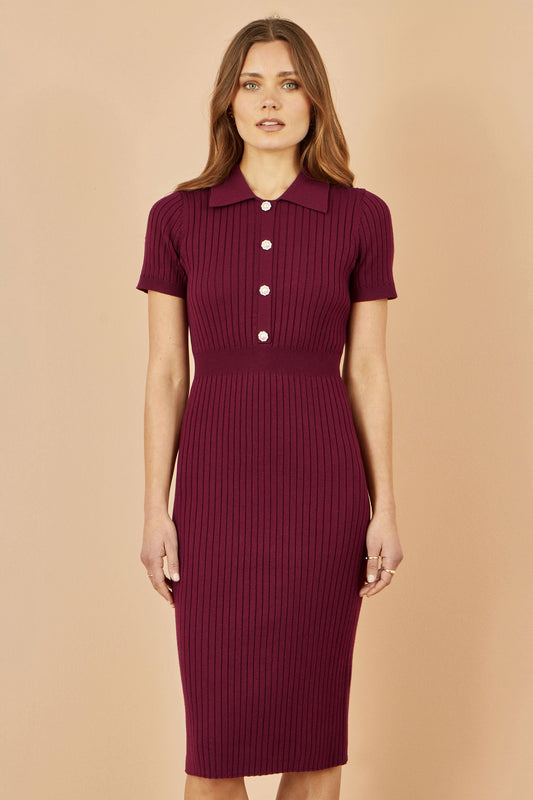 Yumi Burgundy Fitted Rib Knitted Midi Dress With Daisy Buttons