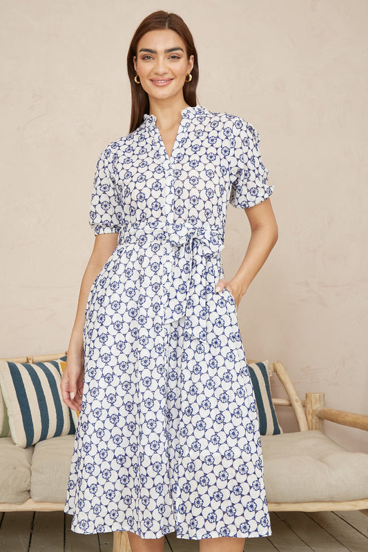 Yumi White and Blue Cotton Broderie Anglaise Midi Shirt Dress