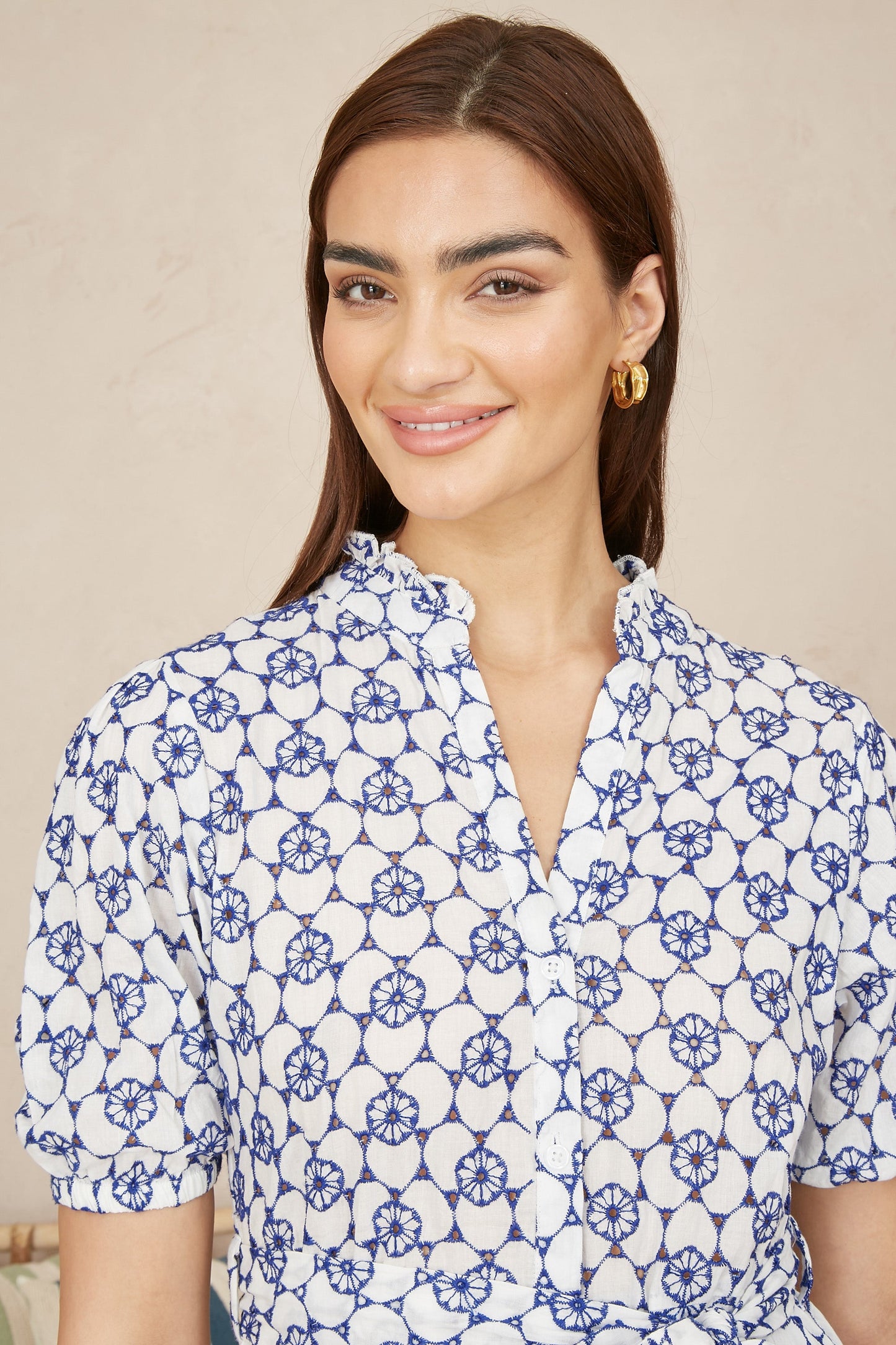 Yumi White and Blue Cotton Broderie Anglaise Midi Shirt Dress