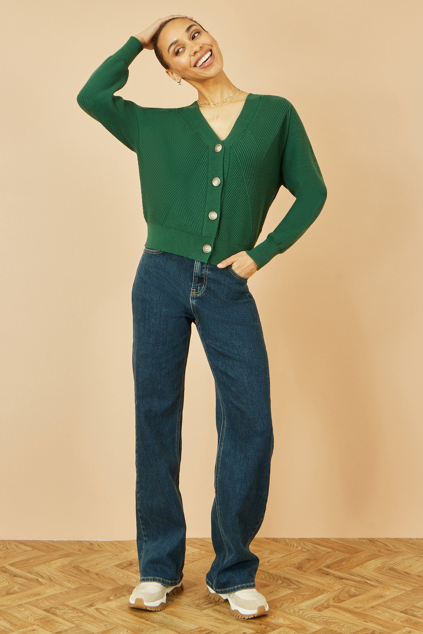 Yumi Green Relaxed Fit Cardigan With Stitch Detail