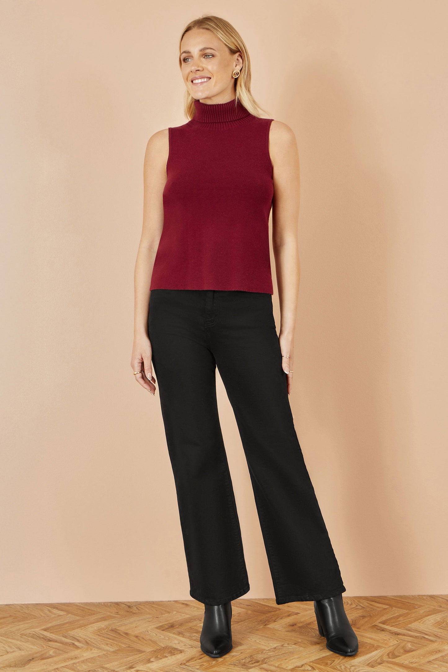 Yumi Burgundy Knitted Roll Neck Sleeveless Jumper