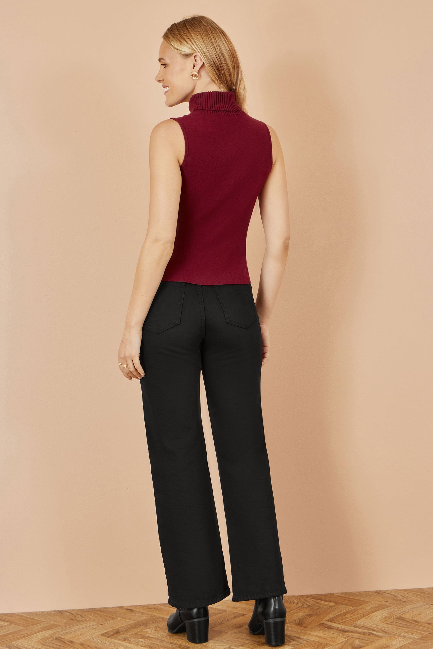 Yumi Burgundy Knitted Roll Neck Sleeveless Jumper