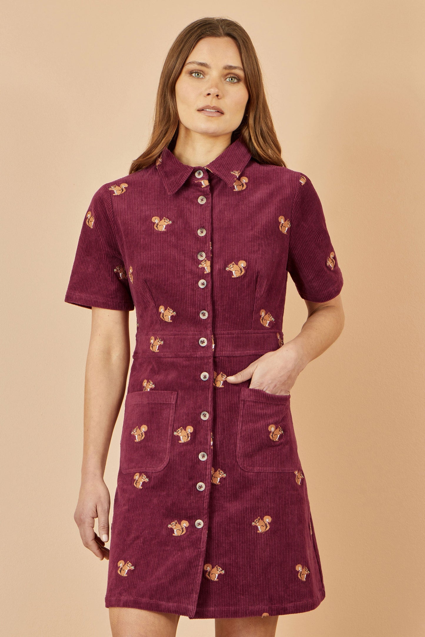 Yumi Burgundy Cord Shirt Dress With All Over Squirrel Embroidery
