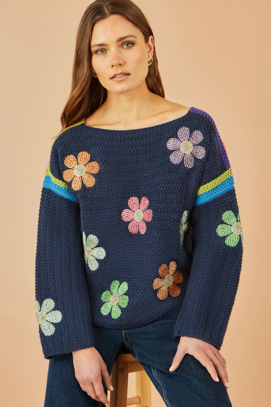 Yumi Navy Crochet Flower Jumper