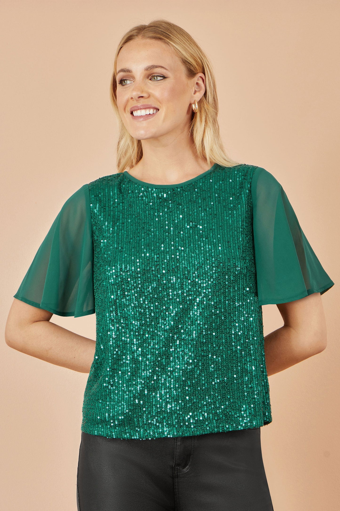Yumi Green Sequin Top With Sheer Sleeves And Cut Out Back