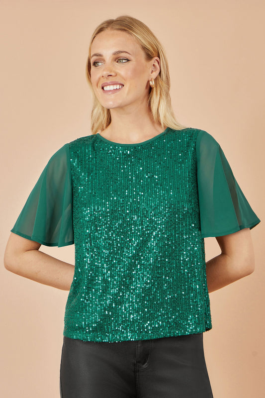 Yumi Green Sequin Top With Sheer Sleeves And Cut Out Back