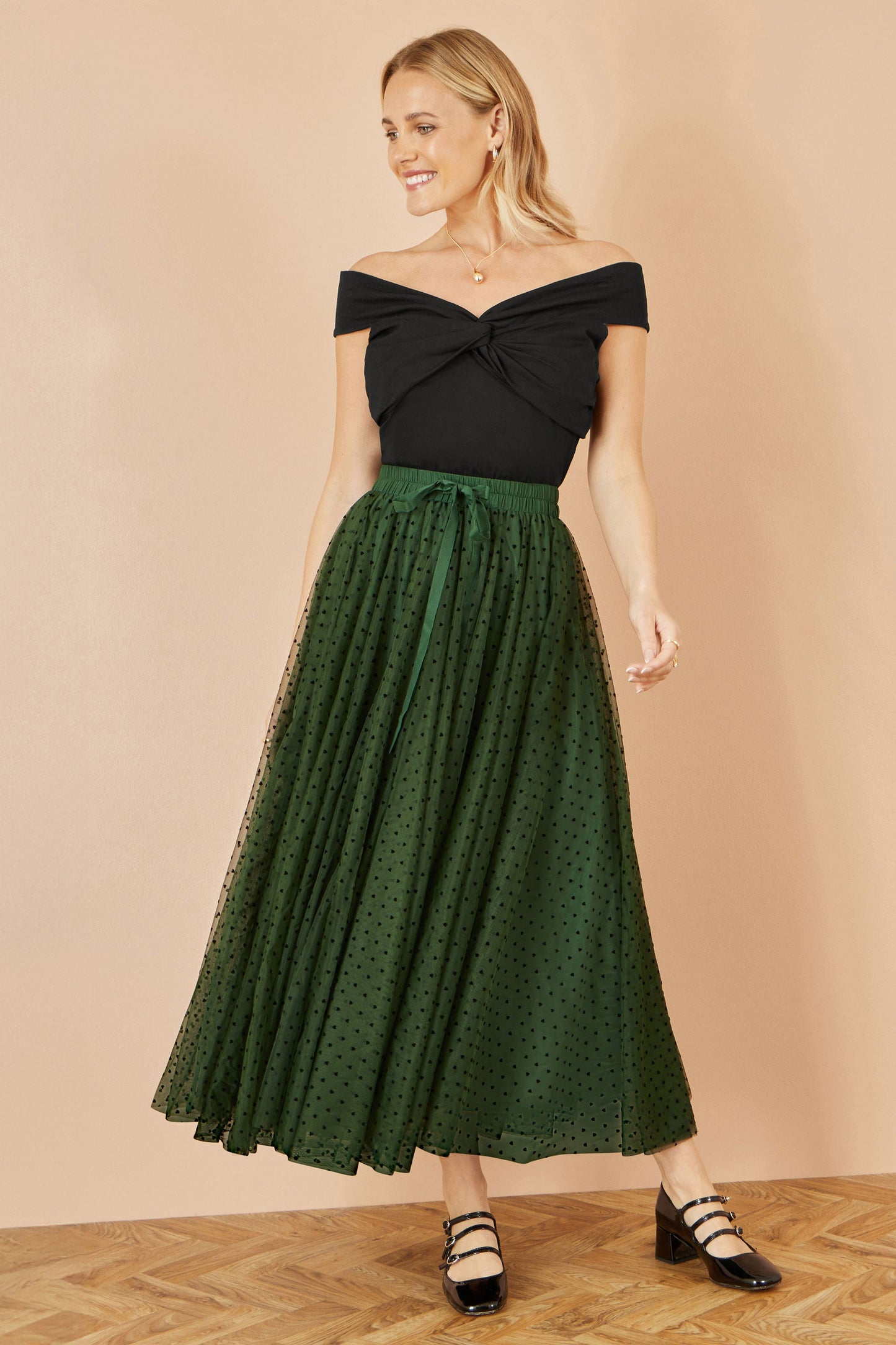 Yumi Green Mesh Heart Print Tulle Skirt
