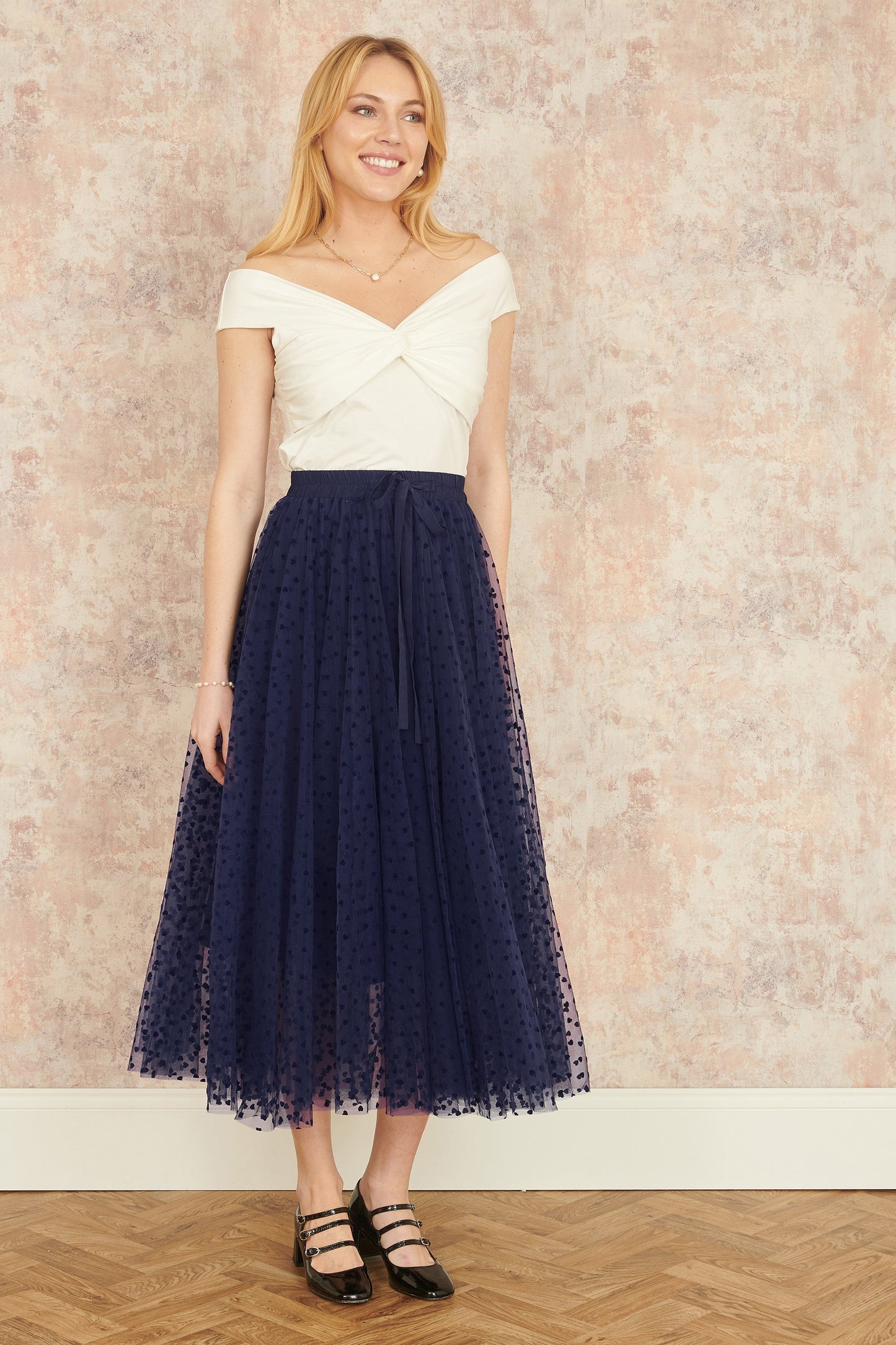 Yumi Navy Mesh Heart Print Tulle Skirt