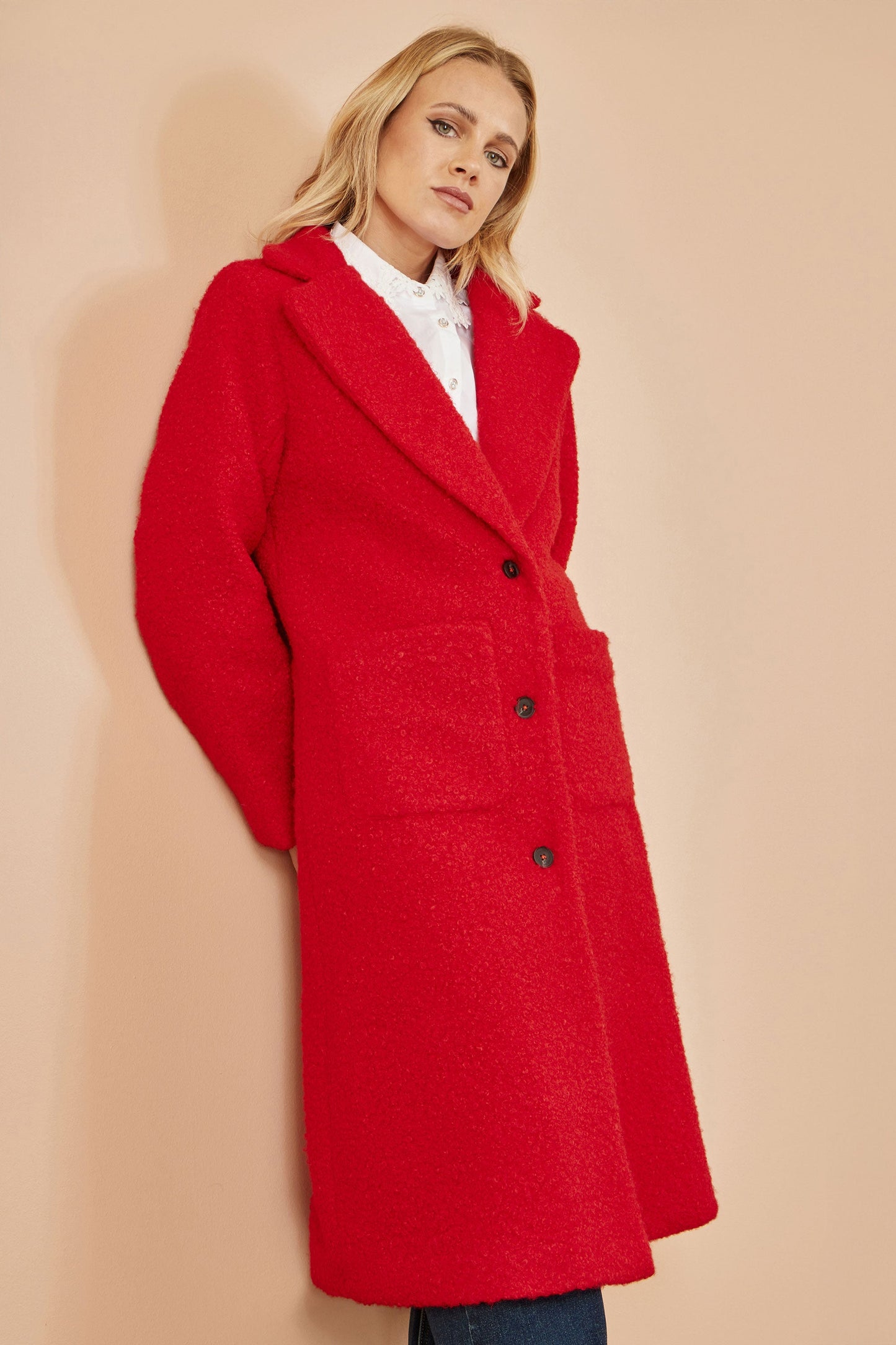 Yumi Red Boucle Long Line Coat
