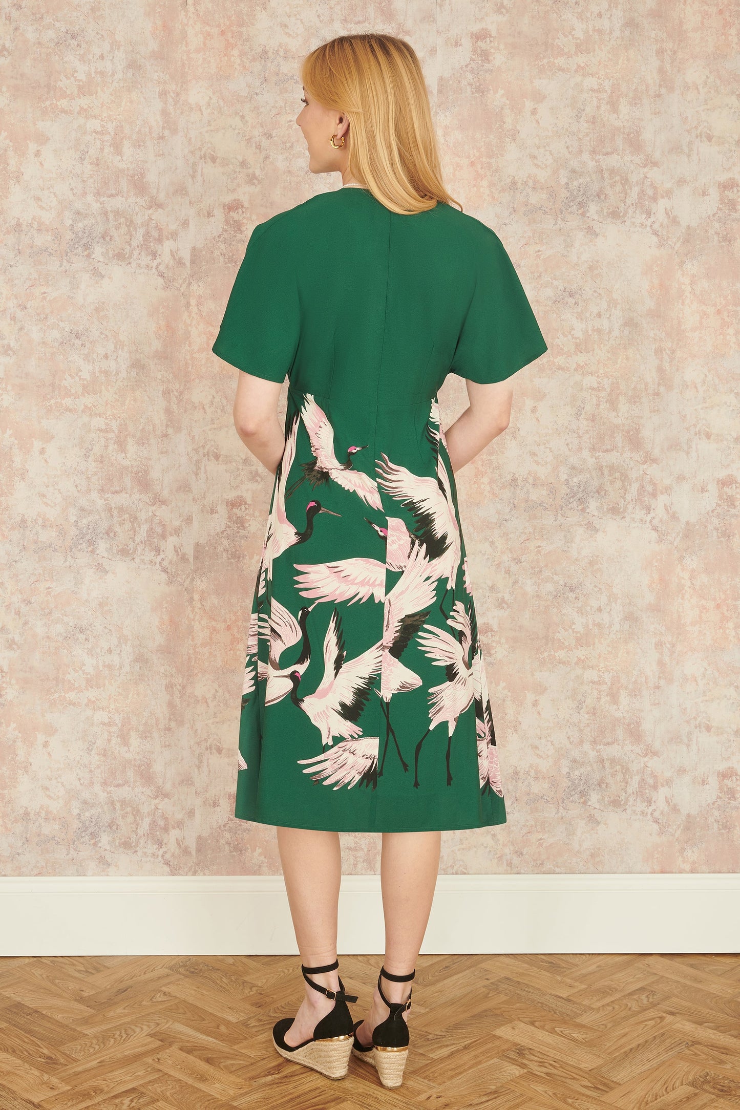 Yumi Green Recycled Fabric Crane Print Kimono Midi Dress