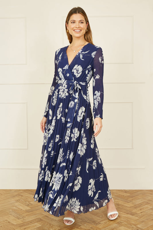 Yumi Navy Floral Pleated Midi Wrap Long Sleeve Dress