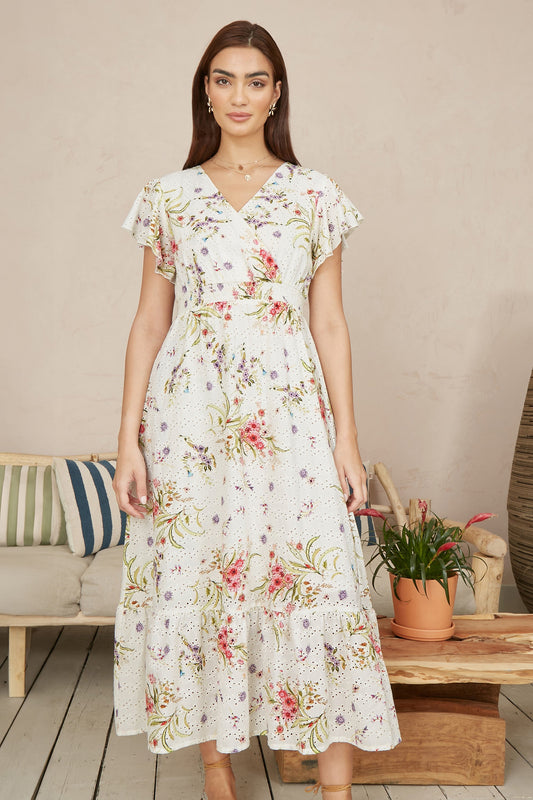 Yumi White Floral Broderie Anglaise Wrap Midi Dress
