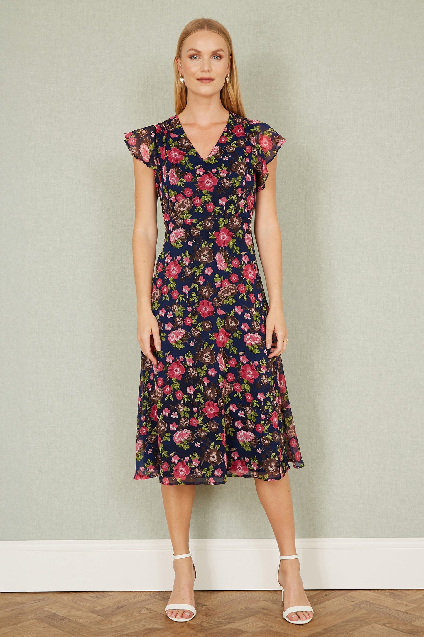 Yumi Navy Floral Midi Skater Dress