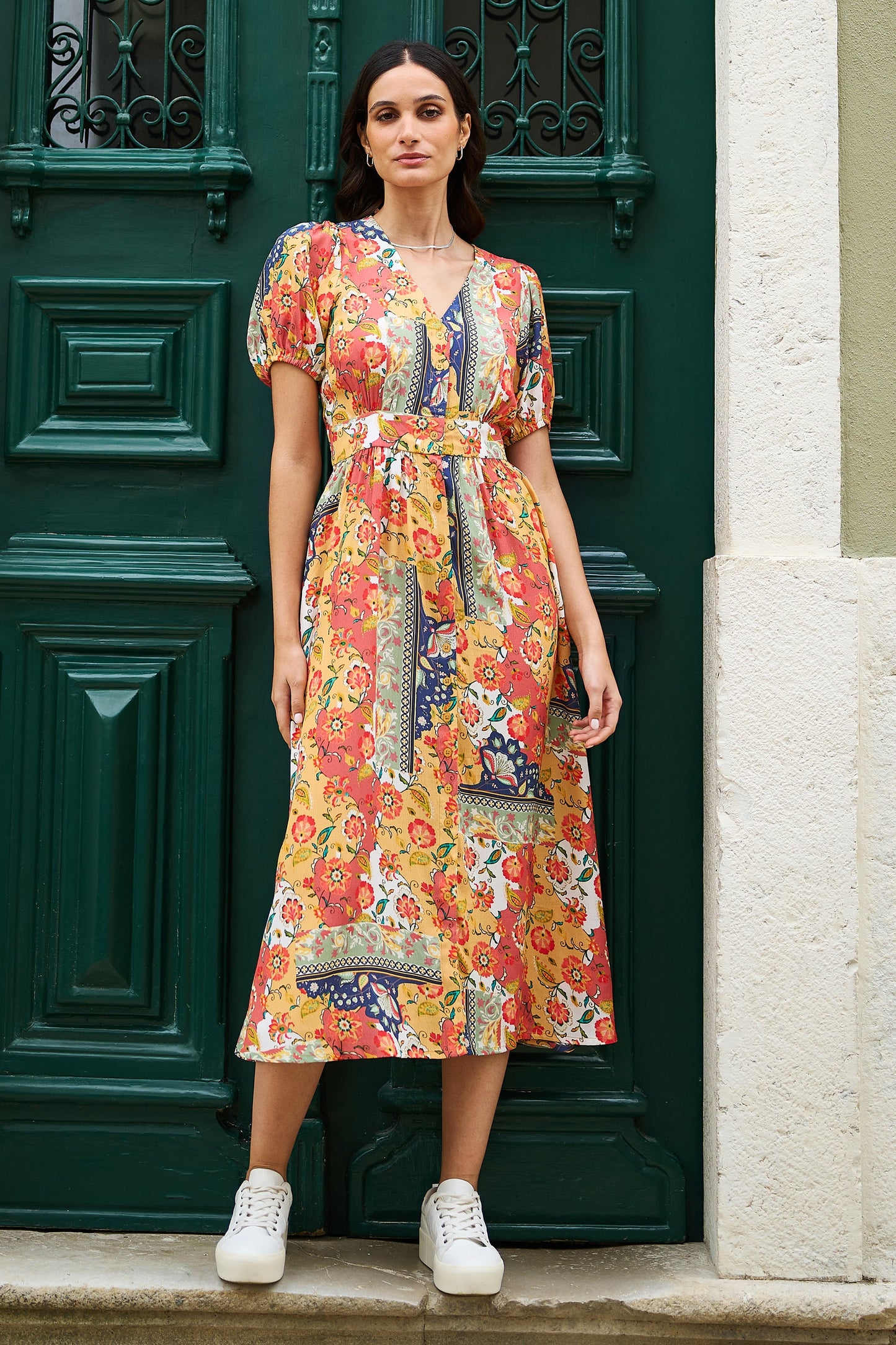 Yumi Multicolour Floral Patchwork Print Midi Shirt Dress