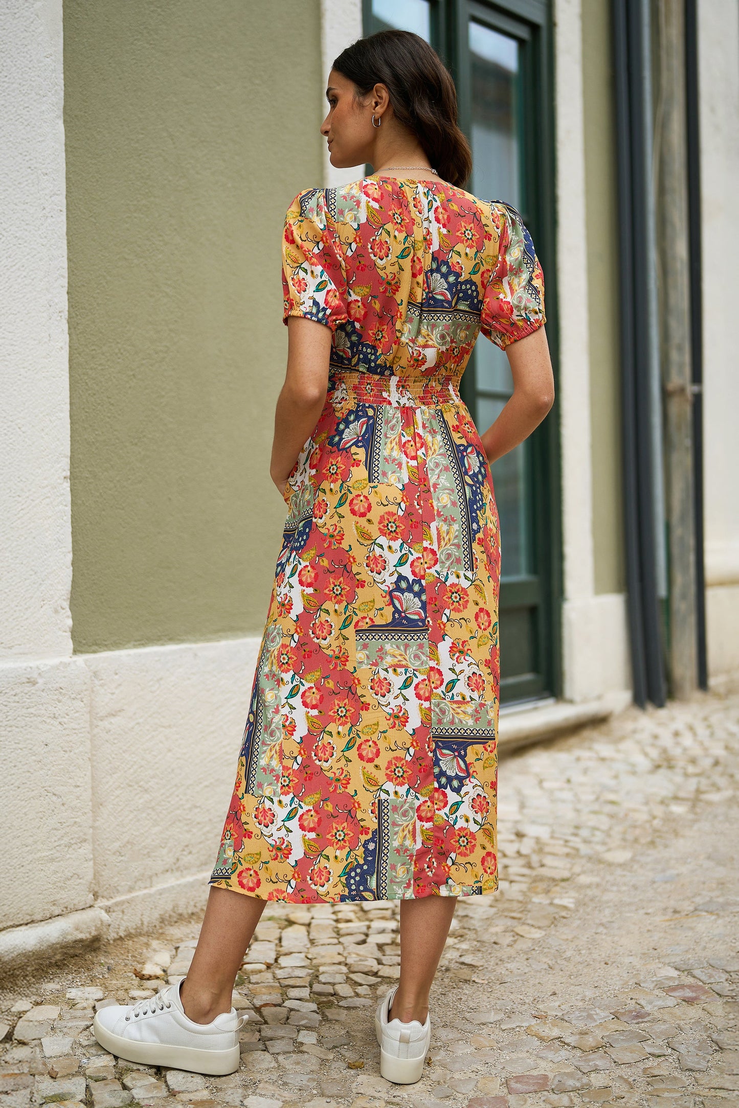 Yumi Multicolour Floral Patchwork Print Midi Shirt Dress