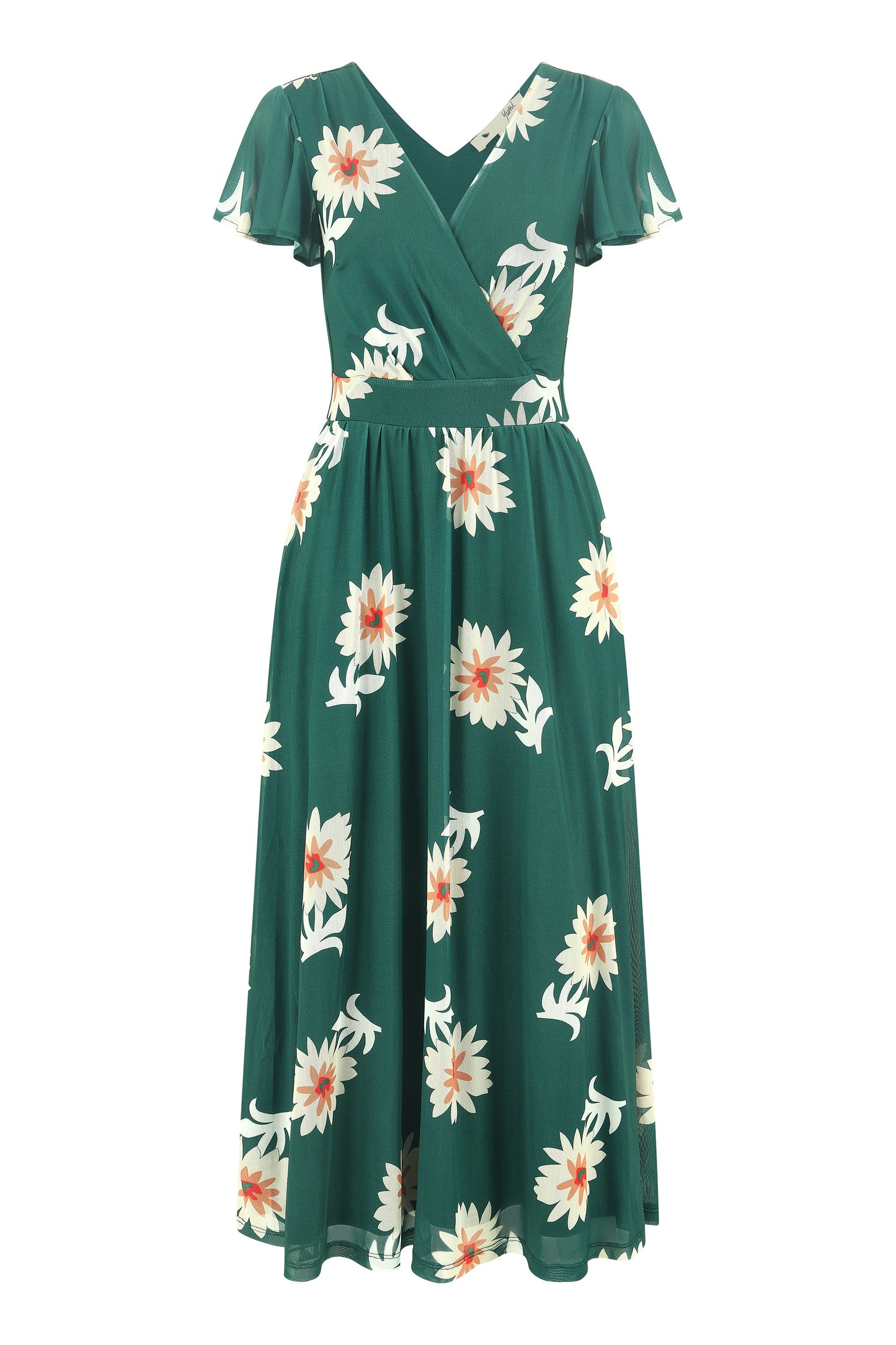 Yumi Green Mesh Flower Wrap Midi Dress With Pockets