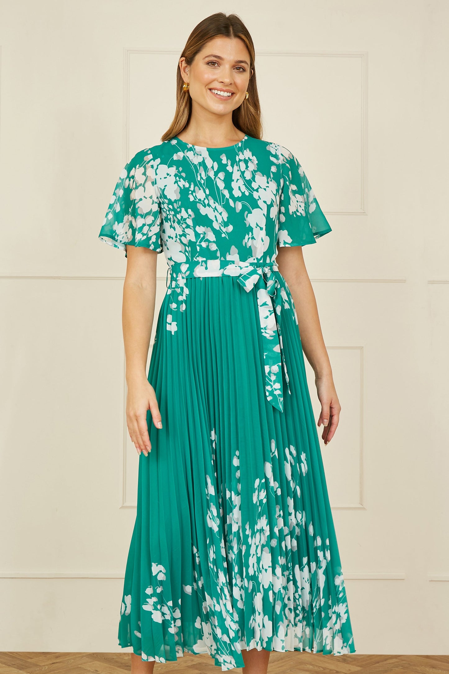 Yumi Green Mirror Floral Design Pleated Midi Dress