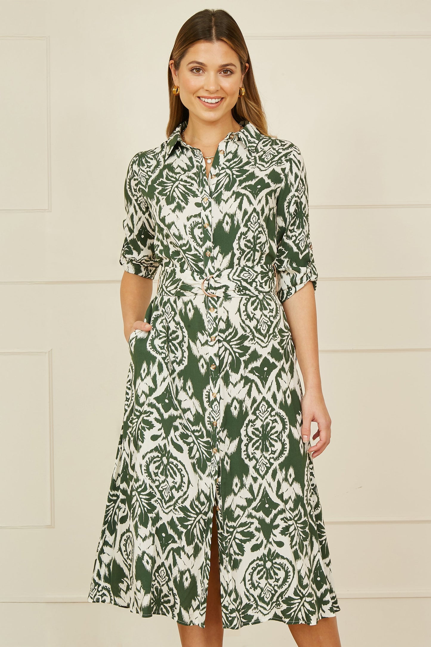 Yumi Green Ikat Geo Print Midi Shirt Dress