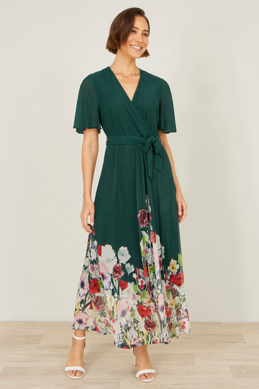 Yumi Green Mesh Wrap Midi Dress With Floral Hem Border