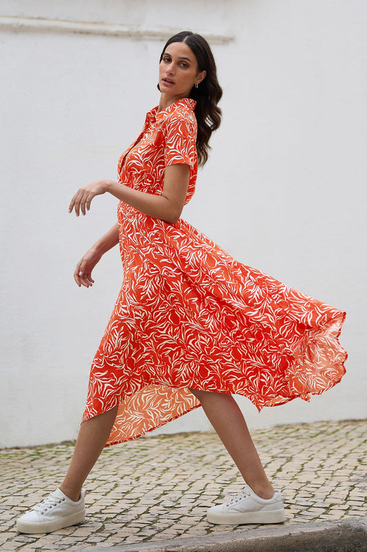 Yumi Coral Tropical Leaf print Midi Ruched Shirt Dress