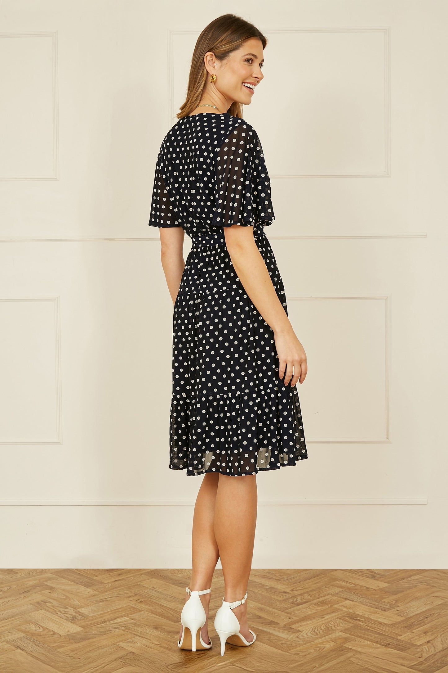 Yumi Navy Dot Print Mesh Stretch Midi Skater Dress