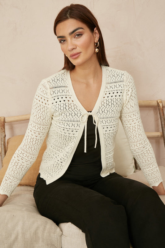 Yumi Ivory Crochet Tie Front Cardigan