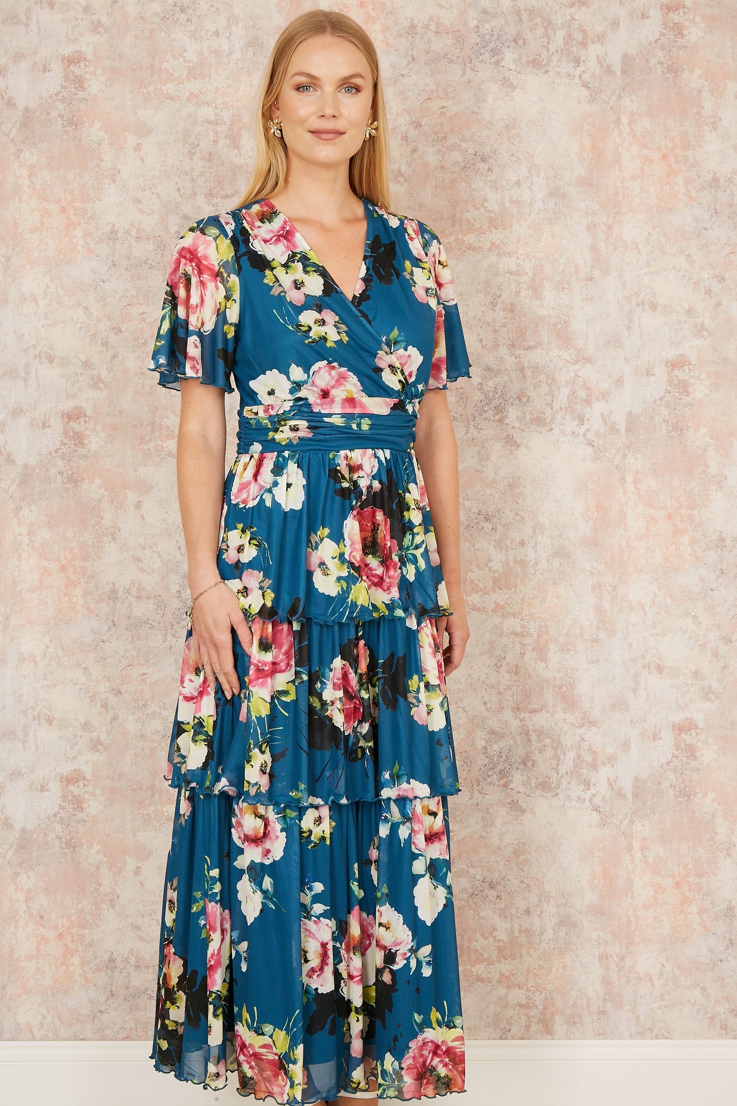 Yumi Green Floral Mesh Tiered Maxi Dress