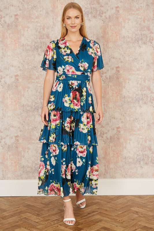 Yumi Green Floral Mesh Tiered Maxi Dress