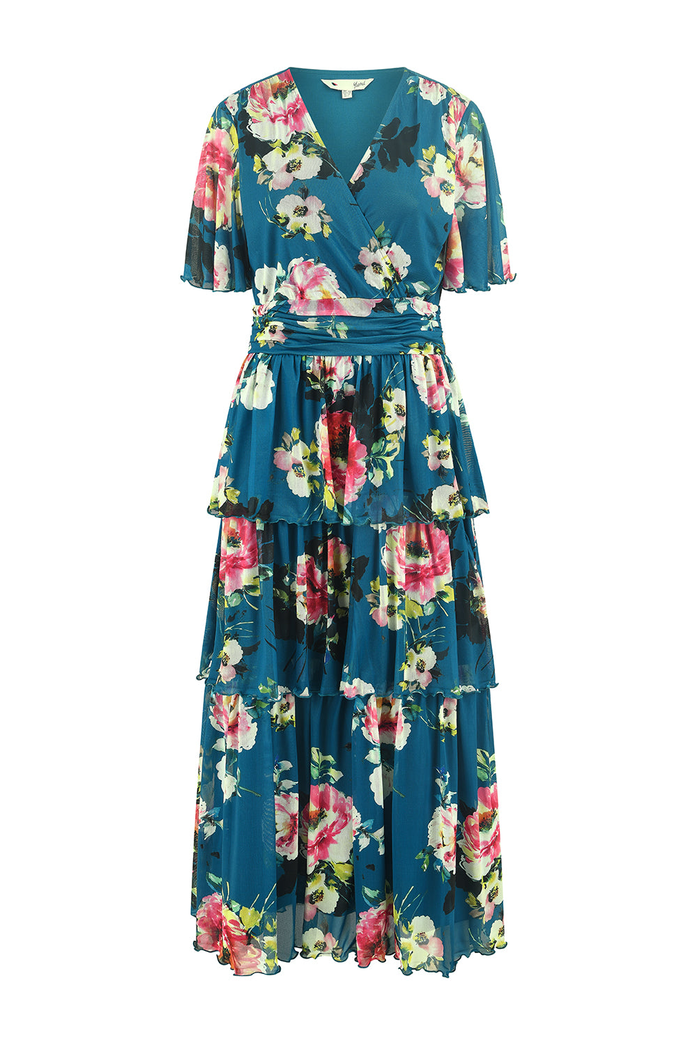 Yumi Green Floral Mesh Tiered Maxi Dress
